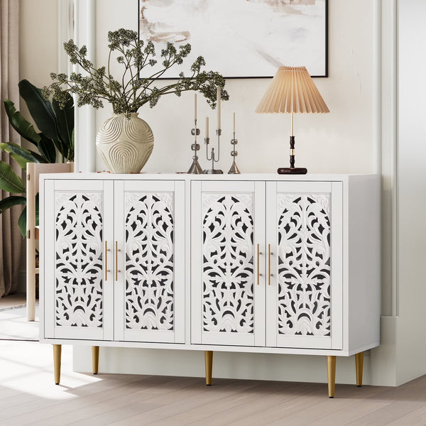 HLR 48" Accent Cabinet with 4 Doors, Vintage Hollow Carving Storage Credenza for Living Room, Kitchen, Dining Room or Entryway