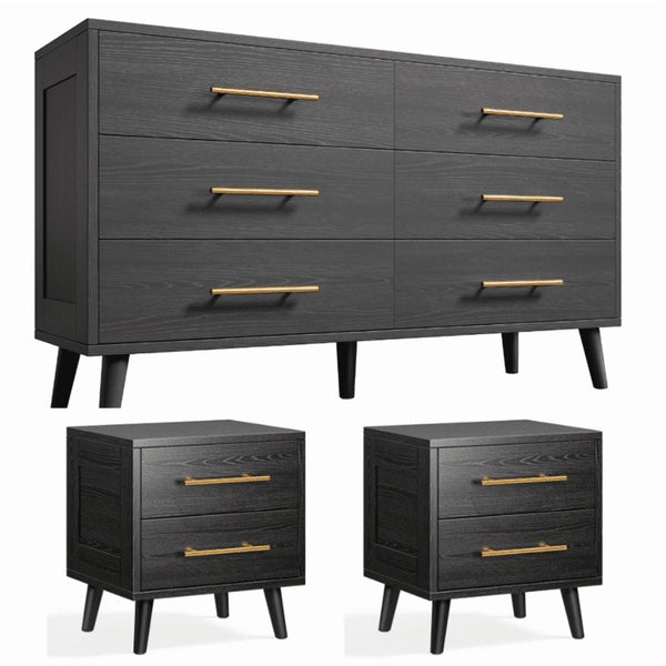 Noelse 3-Piece Bedroom Furniture Set, 6-Drawer Dresser and 2 Nightstands, Modern Wood Storage Organizer, Black