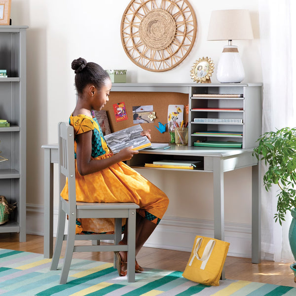 Guidecraft Kids Media Desk and Chair Set Gray: Kids Desk and Chair Set, Study Table for Kids with Hutch and Shelf, Wood Bedroom Furniture Set