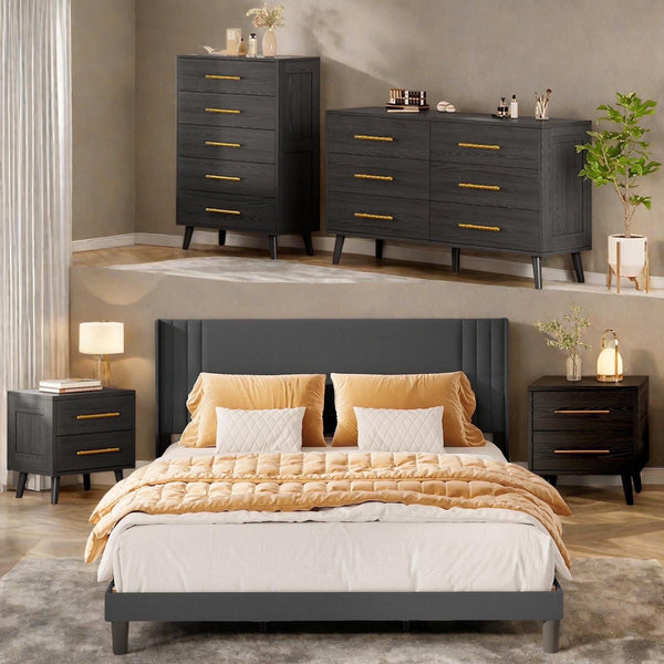 Bedroom Furniture Set with Queen Bed Frame, 2 Nightstands, 5-Drawer Dresser and 6-Drawer Dresser, Modern Black Storage Set