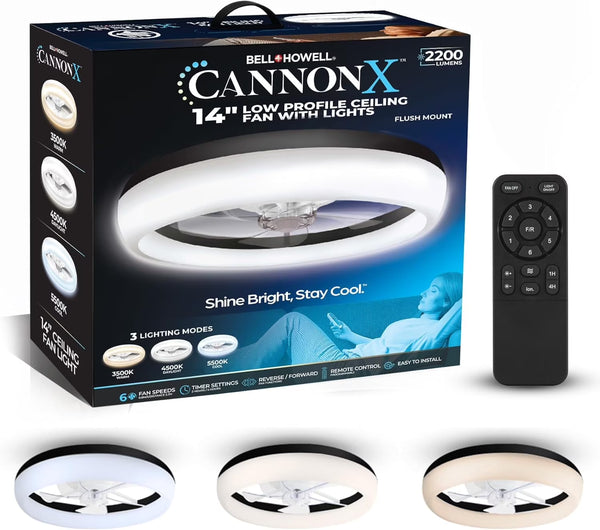 Cannonx 14" Low Profile Ceiling Fan with Lights and Remote, 6 Speeds, 3 Light Modes 3500K-5500K, Flush Mount for Bedroom