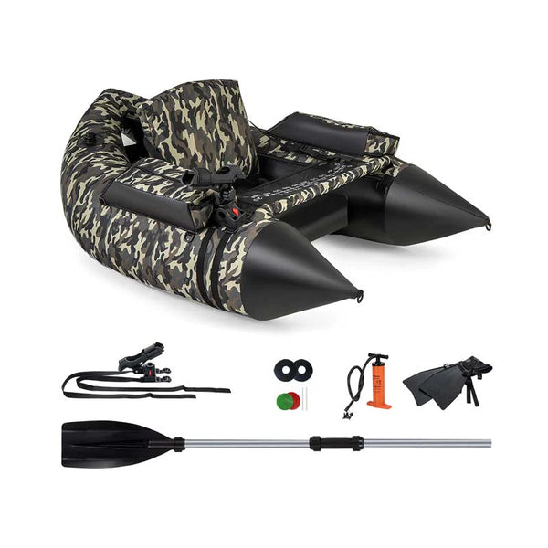 Inflatable Fishing Float Tube, 350 LBS Capacity Belly Boat with Paddle, Flippers, Rod Holder, Fish Ruler, Pump, Storage Bag & Adjustable Straps