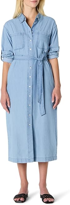 Women's Regular-Fit Denim Chambray Long-Sleeve Button-Up Midi Dress
