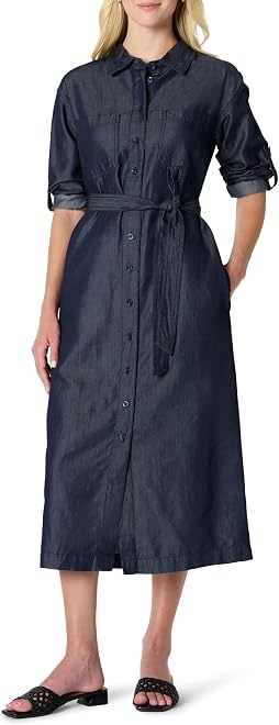 Women's Regular-Fit Denim Chambray Long-Sleeve Button-Up Midi Dress
