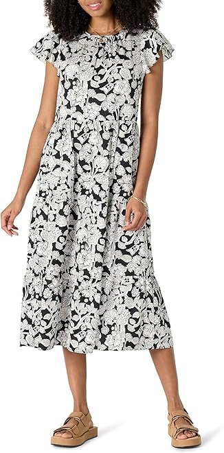 Women's Relaxed-Fit Cotton Sateen Crewneck Tiered Midi Dress