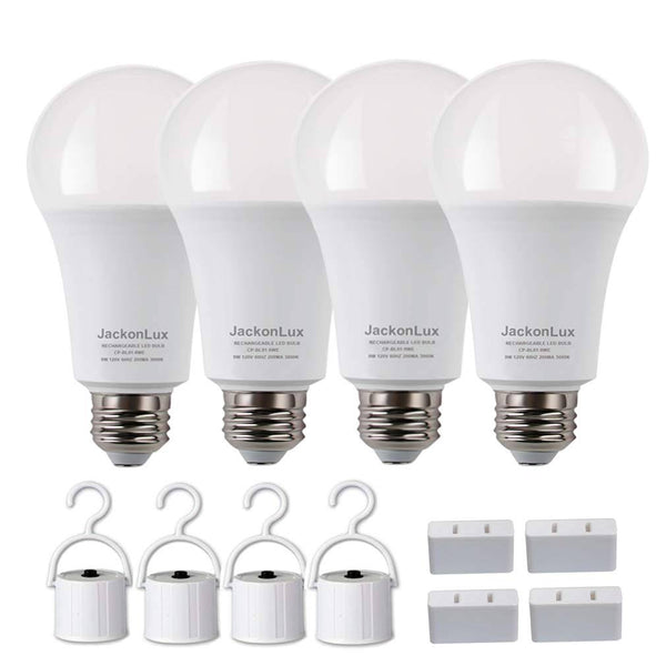JackonLux Rechargeable Emergency Light Bulb UL Listed Battery Operated Light Bulb Power Outage Camping Reading Lighting Hurricane 9W 850 Lumens