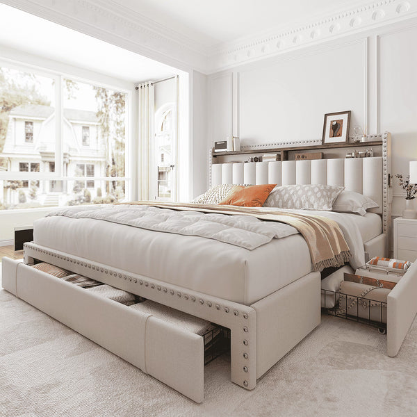 Enhomee Queen Bed Frame with 3 Storage Drawers, Upholstered Platform Bed with Headboard, Metal Frame and Wood Slats, Beige
